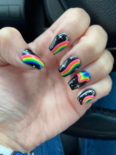 Black Nails With Rainbow Design, Short Rave Nails, Black Nails With Bright Colors, Rainbow Goth Nails, Black Trippy Nails, Pride Nails Black, Black And Bright Nails, Black And Colorful Nails, Non Binary Nail Art