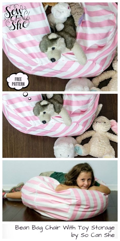 DIY Toy Storage Bean Bag Chair Free Sewing Patterns & Tutorials Stuffed Animal Storage Diy, Bean Bag Chair Pattern, Diy Bean Bag Chair, Sew Can She, Diy Bean Bag, Stuffed Animal Bean Bag, Diy Stuffed Animal, Diy Toy Storage, Sewing Projects Free