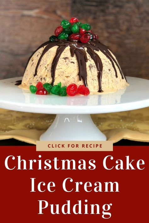 Christmas Cake Ice Cream Pudding Holiday Ice Cream Desserts, Pudding Ice Cream Recipe, Christmas Pudding Ice Cream, Christmas Ice Cream Cake, Ice Cream Pudding, Christmas Ice Cream, Holiday Ice Cream, Holiday Desserts Christmas, Xmas Desserts