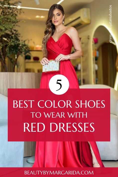 Heels For Red Dress Classy, Red Gown Jewelry Ideas, Red Sequin Dress Accessories, Red Gowns Elegant Shoes, Couples In Red Outfits, Wedding Guest Red Dress Outfit Ideas, What Heels To Wear With Red Dress, Jewelry For Red Dress Formal, Red Bridesmaid Dresses Aesthetic