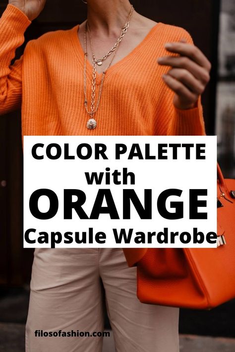 Color palette with orange is the most daring choice a woman can make when it comes to capsule wardrobe. Even red is more traditional than orange, isn't it? Colors That Go With Orange Outfits, Orange Womens Outfits, Light Orange Shirt Outfit, Orange Business Casual Outfits, How To Wear Orange, Red And Orange Outfit, Orange Blouse Outfit, Orange Fashion Outfits, Orange Fashion Aesthetic