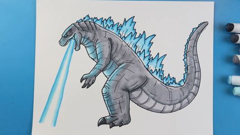 Draw Godzilla, Narwhal Drawing, Paw Print Drawing, Godzilla Drawing, Easy Portrait Drawing, Sloth Drawing, Breathing Fire, Drawing Instructions, Fire Drawing