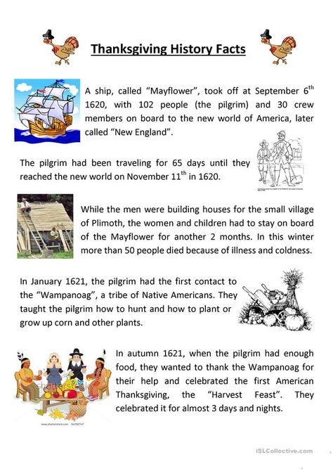 Teaching Thanksgiving History - English ESL Worksheets Thanksgiving History Facts, Esl Thanksgiving, Thanksgiving Elementary, Thanksgiving Reading Comprehension, History Of Thanksgiving, Thanksgiving Readings, Teaching Thanksgiving, Thanksgiving History, Thanksgiving Lessons