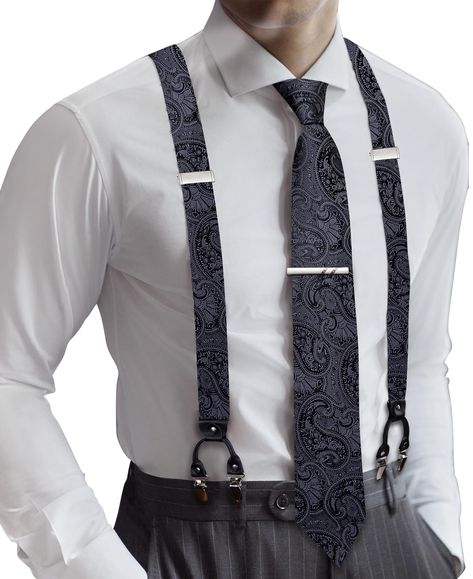 PRICES MAY VARY. HIGH-QUALITY SILK-Fabric soft and comfortable,content rich,1*Suspender +1*Tie+1*Pocket Square+ 2*Cufflinks+a free clip,different color for you to choice,an essential accessory for a man's wardrobe. SIZE-Suspender:1.4*59inches(3.5*150cm).BowTie:4.7*2.4inches(12*6cm),Adjustable according to neck-size:11-19inches(28cm-48cm),And its length is adjustable and could fit for the body shape of most customers. Special Clips Design: Y type suspender with 6 metal strong clips can help to ke Clip On Suspenders Men, Suspenders Wedding, Oc Inspiration, Necktie Set, Suspenders Men, Suspenders Set, Red Paisley, Navy Suit, Tie Set