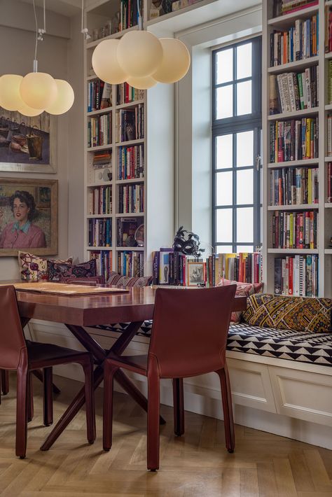 W72nd Penthouse | MUTUUS STUDIO | Archinect Dining Nook With Bookshelves, Built In Wall Dining Room, Dining Table Bookshelf, Piano Surrounded By Bookshelves, Dining Room Lounge Combo, Dining Library Combo, Dining Room Library Combo Ideas, Bookshelf In Dining Room, Craftsman Built In Bookcase