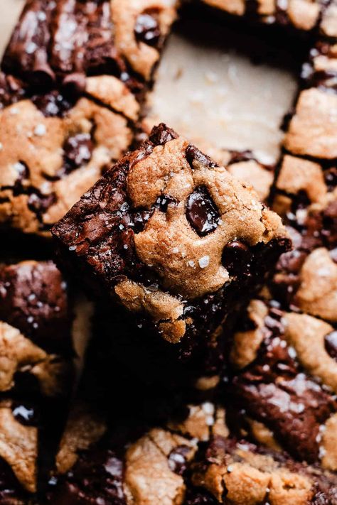 Brookies combine fudgy brown butter brownies with chewy chocolate chip cookies! Layering the two batters in a specific way ensures that everything bakes evenly without one layer over baking. Brown Butter Brownies, Brownies Chewy, Stephanie Simmons, Butter Brownies, Food Substitutions, Chewy Chocolate Chip, Espresso Powder, Chewy Chocolate Chip Cookies, Brownie Batter