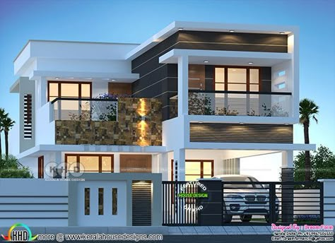 Flat roof modern house with fence Philippines House Design, 3 Storey House Design, 2 Storey House Design, Best Modern House Design, Small House Elevation Design, Modern Bungalow House, Kerala House Design, Kerala Houses, Modern Style House Plans