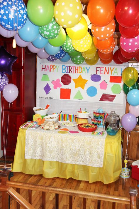 party Table direct from "Rainbow Shapes Toddler Birthday Party." Shapes Birthday Party, Shape Birthday Party, Shapes For Toddlers, Shape Party, Toddler Birthday Party, Birthday Party Balloon, Shapes For Kids, Toddler Birthday, Second Birthday