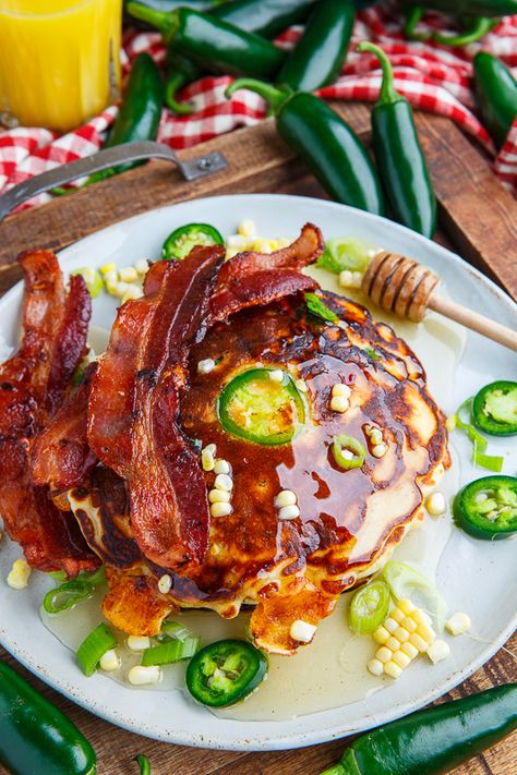 Jalapeno and Cheddar Corn Pancakes with Bacon (aka Jalapeno Popper Pancakes) Dinner Pancakes, Pancakes With Bacon, Crepes Pancakes, Cheddar Corn, Corn Pancakes, Closet Cooking, Savory Crepes, Jalapeno Popper, Truck Ideas