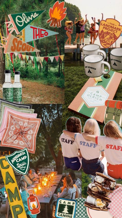 Vintage Camp Theme Party, Summer Camp Bachelorette Party Decorations, Adult Summer Camp Activities, Adult Summer Camp Theme Party, Birthday Camping Trip, Summer Camp Decor, Camping Party Theme, Camp Theme Party, Camp Themed Party