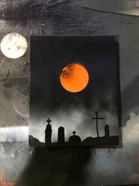 Spooky Canvas Painting Ideas Cute, Canvas Spooky Painting Ideas, Simple Bat Painting, Halloween Art Acrylic, Halloween Spray Paint Art, Halloween Acrylic Painting Ideas Step By Step, Boo Painting On Canvas, Cemetery Painting Easy, Halloween Craft Painting