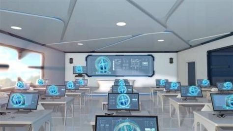 Computer Lab Design Classroom, Futuristic School Exterior, Futuristic School Interior, School Futuristic, Futuristic Classroom, Futuristic School, Classroom Interior, School Building Design, Sci Fi Landscape