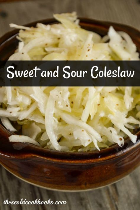 Sweet and Sour Coleslaw Sour Slaw Recipe, Different Types Of Coleslaw, Sweet And Sour Slaw Recipe, Sweet And Sour Coleslaw Recipe, Sweet And Sour Slaw, Cold Sides, Coleslaw Dressing Recipe, Vinegar Coleslaw, Sweet And Sour Cabbage