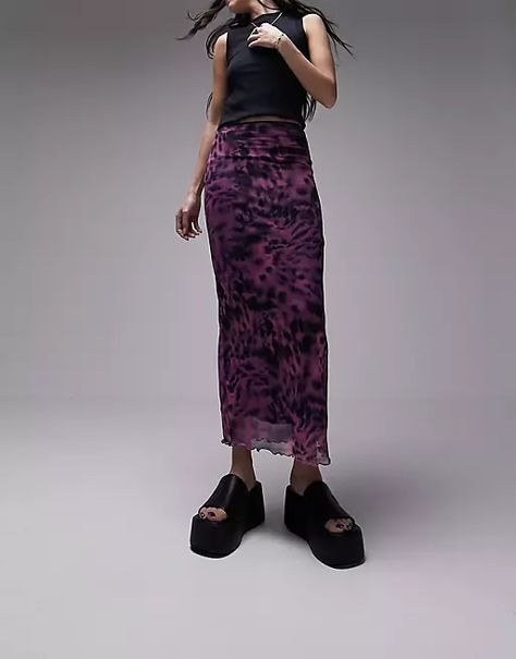 Topshop mesh animal blurred printed midi skirt in purple | ASOS Purple Midi Skirt Outfit, Midi Rok Outfit, Mesh Skirt Outfit, Purple Skirt Outfit, Long Purple Skirt, Midi Rock Outfit, Purple Midi Skirt, Mesh Outfit, Midi Skirt Outfit