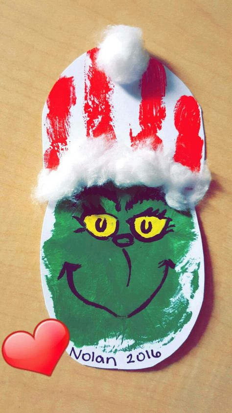 Child's handprint, I hand painted the face. Christmas ornament. Grinch Themed Party, Themed Christmas Party Ideas, Grinch Themed Christmas Party, Grinch Themed Christmas, Grinch Christmas Decor, Themed Christmas Party, Baby Christmas Crafts, Ideas Decoracion Navidad, Christmas Party Ideas For Teens