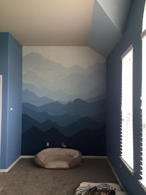 Mountain Panel Wall, Blue Mountain Wall Mural, Blue Mountain Mural, Ombre Mountain Mural, Murals For Bedroom Wall, Mountain Inspired Bedroom, Diy Mountain Mural Wall Paintings, Mountain Wall Paint, Mountain Feature Wall