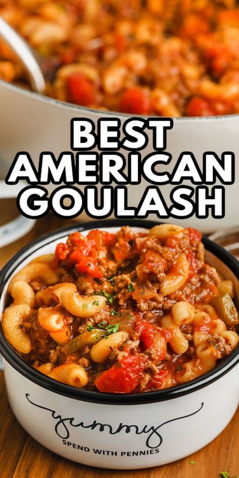 American Goulash is a quick and easy one-pot dinner that is perfect for weeknight meals. This recipe has simple & heartwarming ingredients like ground hamburger beef, tomato, and pasta noodles. It's an entree that never fails, and it's table-ready in no time. #americangoulash #recipeseasy #easyonepotmeals #spendwithpennies Simple Beef Soup Recipes, Easy Halloween Supper Ideas, One Dish Hamburger Meals, Mac And Beef Recipe, What To Cook With Hamburger Meat, Hamburger Pasta Recipes Casseroles, Hamburger Meals Ideas Ground Beef, Quick Hamburger Meals, Best Goulash Recipes Beef