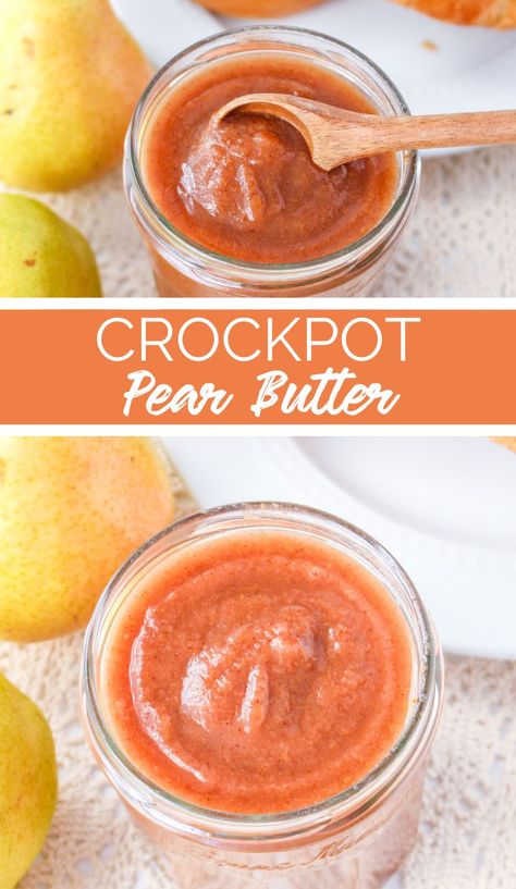 Slow Cooker Pear Butter is a delicious and easy fall-inspired condiment that’s sweet and tangy - perfect for a cheese platter, as a spread, or to use as a substitute for applesauce in many other recipes. Crockpot Pear Butter, Spiced Pear Butter, Pear Butter, Pear Recipes, Slow Cook, Jelly Recipes, Quick Breads, Apple Butter, Jam Recipes