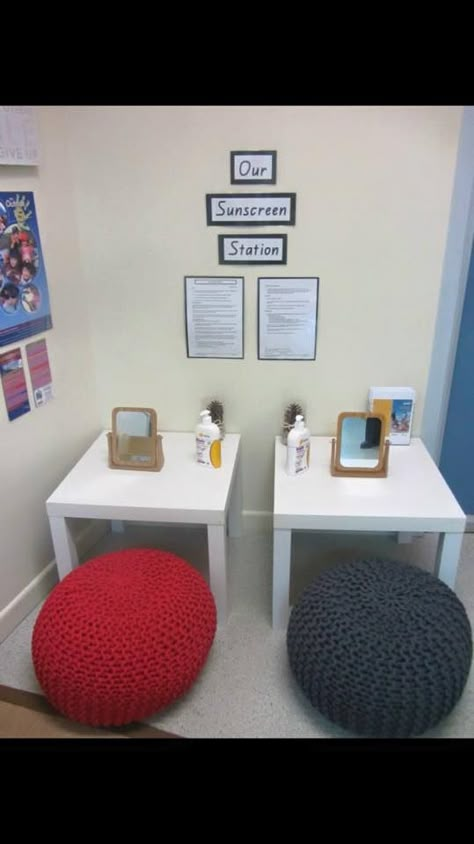 Sunscreen station by Kimberley Thompson Sunscreen Station, Childcare Room Ideas, Childcare Environments, Family Daycare, Childcare Rooms, Daycare Rooms, Childcare Ideas, Preschool Room, Preschool Rooms