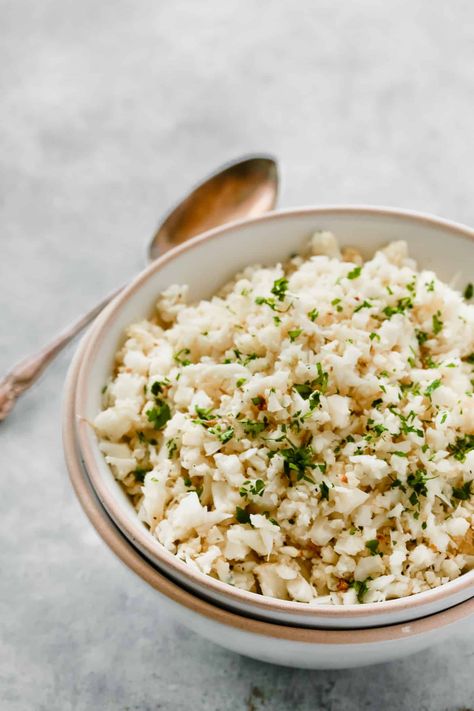 Garlic Parmesan Cauliflower Rice Primavera Kitchen Recipe Parmesan Cauliflower Rice, Garlic Parmesan Cauliflower, Healthy Recipes Breakfast, Parmesan Cauliflower, Riced Cauliflower, Cauliflower Dishes, Cauliflower Rice Recipes, Cauliflower Cheese, Veggie Delight