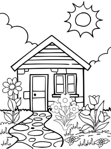 Garden Drawing For Kids, Gardening Coloring Pages, Kitchen Coloring Pages, Bible Worksheets, Garden Coloring Pages, Printable Coloring Pages For Kids, House Colouring Pages, Kindergarden Activities, Garden Drawing