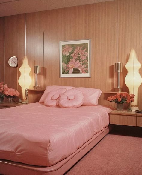 Bedroom With Bathtub, 80’s Bedroom, Pink Beach Aesthetic, 80s Penthouse, 80s Hollywood, University Accommodation, 70s Bedroom, Pink 70s, 1980s Decor