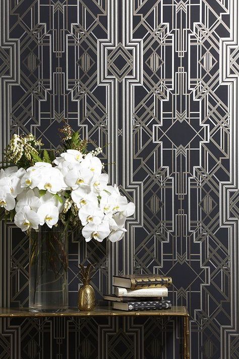 This wallpaper has a Great Gatsby, Art Deco theme. Whilst this wallpaper is inspired by the past, the metallic tones suit a modern home. This wallpaper is trending right now!: Wallpaper Architecture, Interior Art Deco, Eltham Palace, Arte Art Deco, Wallpaper Art Deco, Motif Art Deco, Art Deco Inspiration, Art Deco Bedroom, Wallpaper Retro