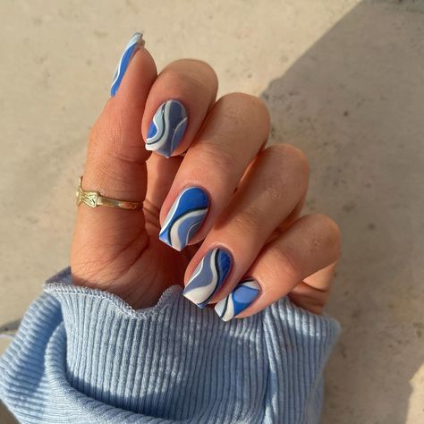 I have a thing about blues 💙 natural nails with BIAB and about 10 different blues all from @the_gelbottle_inc Patterned Nails, Nail Art Bleu, Nail Design Glitter, Sunflower Nails, Finger Nail Art, New Nail Designs, Blue Nail Designs, Cute Gel Nails, Dope Nails