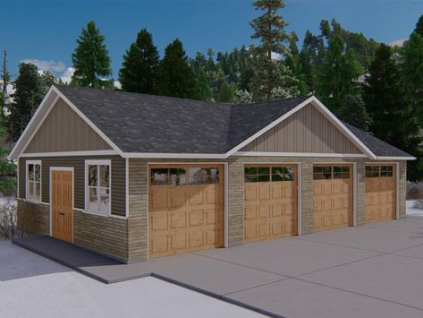 065G-0060: Four-Car Garage Plan Garage With Boat Storage, Large Garage Plans, Diy Garage Plans, Garage Door Sizes, Garage Plans Detached, Overhead Garage Door, Overhead Garage, Pool House Plans, Courtyard House Plans