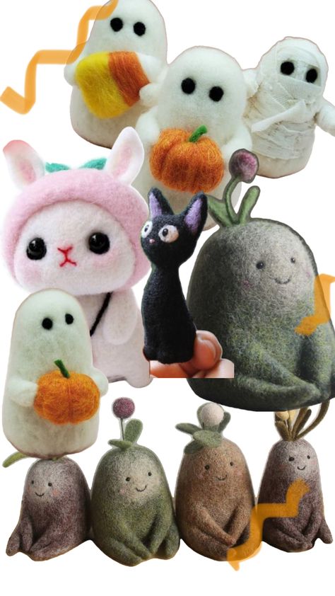 Needle felting projects Needle Felt Crafts Ideas, Kawaii Needle Felt, Cute Needle Felting Ideas, Needle Felt Crafts, Felting Halloween, Felting Projects For Beginners, Needle Felting Cute, Boredom Crafts, Needle Felting Ideas