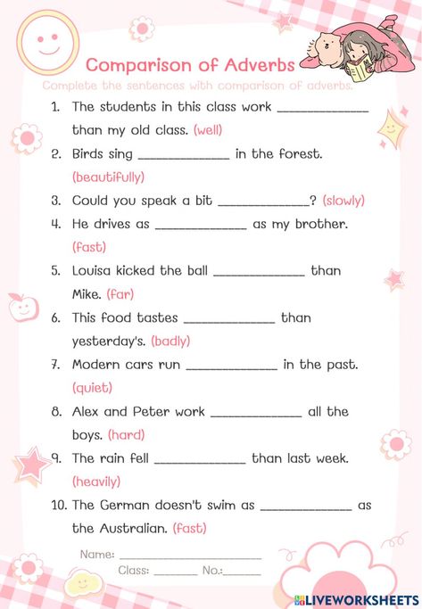 Comparison of adverbs interactive exercise for M.4. You can do the exercises online or download the worksheet as pdf. Adverbs Of Degree Worksheets, Degree Of Comparison Worksheets, Time Worksheets Grade 3, Comparison Worksheet, Degrees Of Comparison, Adverbs Worksheet, The Worksheet, Time Worksheets, English Language Teaching