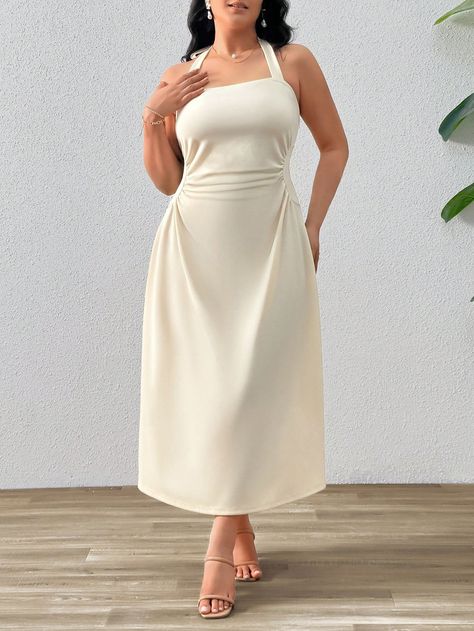 SHEIN Privé Plus Size Women'S Halter Neck Pleated Light Apricot A-Line Dress, Elegant & Suitable For Daily/DateI discovered amazing products on SHEIN.com, come check them out! Plus Size Graduation, Graduation Dress Plus Size, Simple Dress Styles, Vestido Plus Size, Women Halter, Graduation Outfit, Dress Elegant, Simple Dresses, Halter Neck