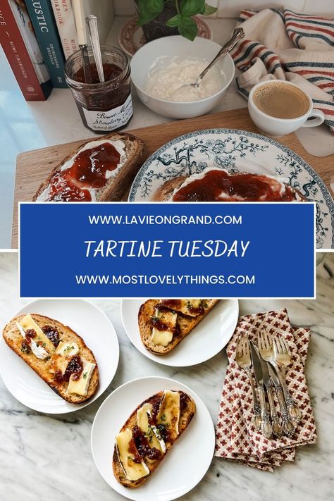 Graphic that says Tartine Tuesday with tartines on plates. French Eating Habits, French Tartine, French Breakfast Ideas, Parisian Diet, French Philosophy, French Diet, French Breakfast, French Aesthetic, French Lifestyle