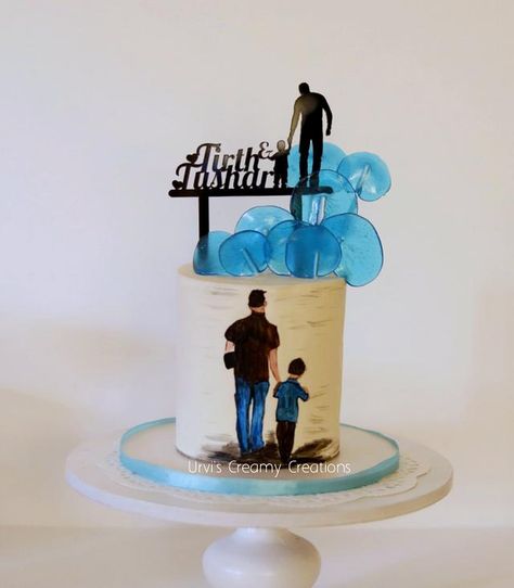 father and son birthday cake . the cake inside is a moist vanilla cake filled with butter cream white chocolate and cherry compote. frosted in white chocolate ganache . image of father and son walking was free hand paint on ganache. adorn with a... Father And Son Birthday Cake, Birthday Cake For Papa, Birthday Cake For Son, Baby Cake Design, Birthday Cake For Father, Happy Fathers Day Cake, Anniversary Cake Designs, Make Birthday Cake, Dad Birthday Cakes