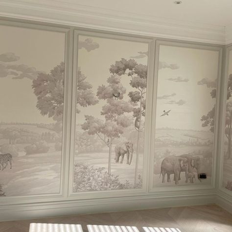 French Wall Molding Wallpaper, Nursery With Angled Ceiling, Elegant Nursery Neutral, Wallpaper Panels Nursery, Nursery With Mural, Painting Kids Room Ideas, Aesthetic Nursery Room, Classy Nursery, Nursery Wallpaper Ideas