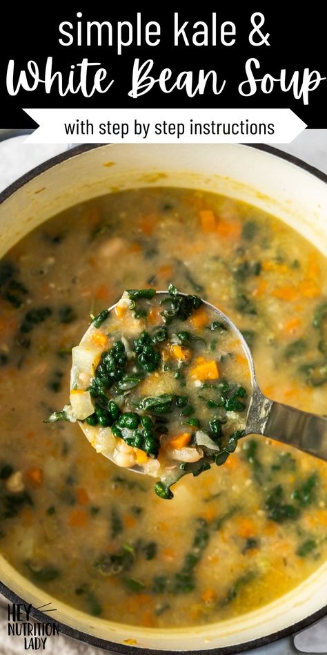 This simple and nourishing Kale and White Bean Soup recipe combines creamy white beans, starchy potatoes, and loads of veggies with Tuscan kale for a delicious vegetarian soup that's on the table in under an hour. Simmered on your stovetop, this is a one-pot recipe that the whole family will love. Carrot Potato Soup, Kale And White Bean Soup, Kale And White Bean, Creamy White Beans, White Bean Kale Soup, Instant Pot Stew, Tuscan Kale, White Bean Soup Recipes, Tuscan Soup