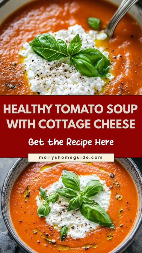 Indulge in the heartwarming flavors of tomato soup with a twist – creamy cottage cheese! This comforting and nutritious dish is perfect for any time of day. The silky smooth texture of cottage cheese adds an extra dimension to the classic tomato soup, making it a delightful treat for your taste buds. Whether you're looking for a cozy meal on a chilly evening or just want to try something new, this recipe is sure to become a favorite. Healthy Creamy Tomato Soup, Tomato Cottage Cheese Soup, Tomato Soup With Cottage Cheese, Cottage Cheese In Soup, Cottage Cheese Soup Recipes, Cottage Cheese Tomato Soup, High Protein Tomato Soup, Cottage Cheese Soup, Soup With Cottage Cheese