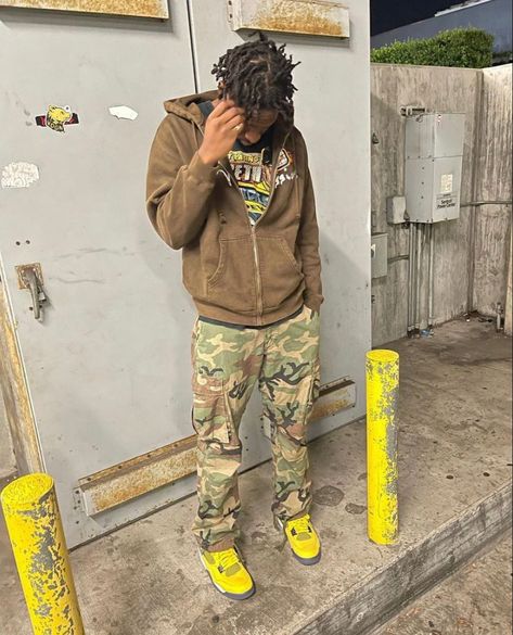 Raging Bull 5s Outfit Men, Men’s Street Wear Fits, Hood Guy Outfits, Bummy Outfits Men, Hood Men Outfits, Army Pants Outfit Men, Lightning 4s Outfit Men, Camo Cargo Pants Outfit Men, Black Male Outfits Street Style