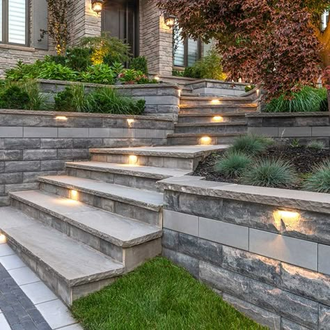 Driveway project with U-Cara retaining walls | Unilock Landscape Stairs, Front Door Steps, Front Porch Steps, Front Stairs, Walkway Landscaping, Patio Steps, Landscaping Retaining Walls, Garden Stairs, Exterior Stairs