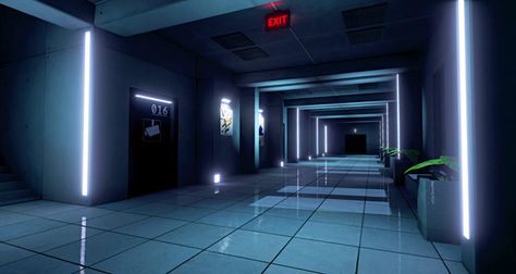 Futuristic Hospital, School Building Plans, Sci Fi Room, Cyberpunk Room, Gacha Background, Gacha Backgrounds, Traveller Rpg, Neon Noir, Liminal Space