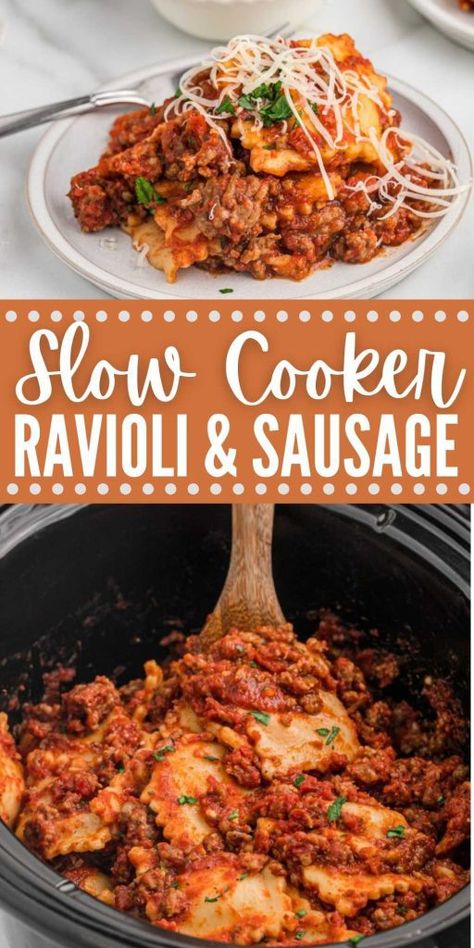 Crockpot Italian Sausage Ravioli, Sausage And Ravioli Crock Pot, Ground Pork Sausage Crockpot Recipes, Italian Sausage Slow Cooker Recipes, Ground Italian Sausage Crockpot Recipes, Sweet Italian Sausage Recipes Crockpot, Sausage Crockpot Meals, Crockpot Recipes Sausage, Italian Crockpot Meals