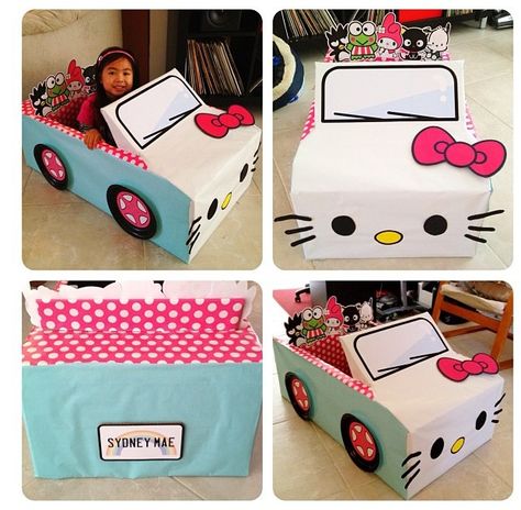 Hello Kitty Box Car Car Hello Kitty, Cardboard Box Car, Cardboard Car, Hello Kitty Car, Diy Rangement, Hello Kitty Birthday Party, Cardboard Design, Hello Kitty Party, Hello Kitty Birthday