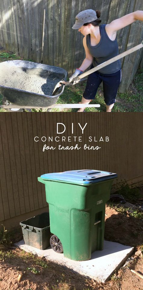 Trash Can Patio, Backyard Organization, Laying Concrete, Diy Concrete Slab, Yard Pergola, How To Lay Concrete, Diy Desks, Hide Trash Cans, Diy Patio Cover