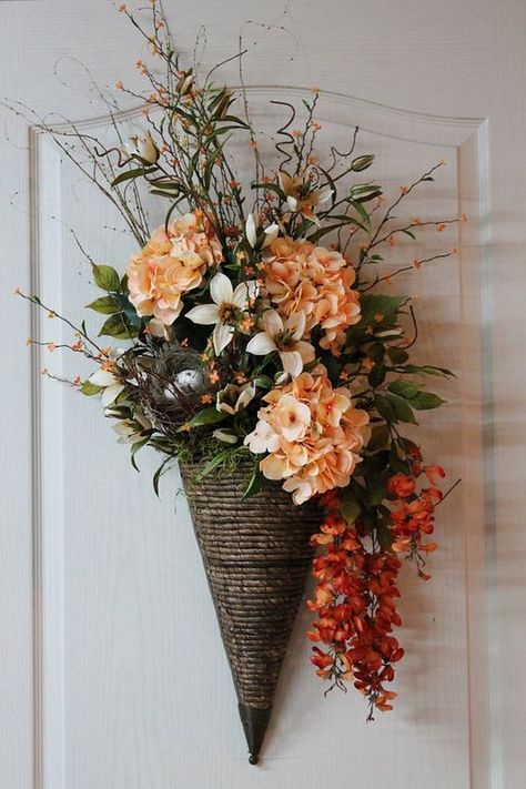 Basket Gifts : Large Door/Wall Basket, Elegant Hydrangeas,… | Flickr Wall Basket With Flowers, Wall Flower Arrangements, Orange Hydrangeas, Hydrangea Basket, Front Door Baskets, Large Door, Diy Spring Wreath, Fall Flower Arrangements, Wall Basket