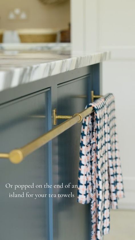 Stories • Instagram Devol Pantry, Kitchen Towel Rail, Towel Rail Ideas, Quartzite Counters, Brass Rail, Kitchen Towel Rack, Island Stools, Devol Kitchens, Towel Rod