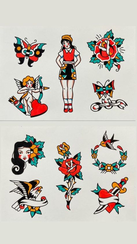 Old School Cherry Tattoo, Traditional 90s Tattoo, Classic American Traditional Tattoo, American Traditional Border, Traditional Pin Up Tattoo, Trad Tattoo Flash, Traditional Tattoo Illustration, Pin Up Tattoo, Traditional Tattoo Flash Sheets