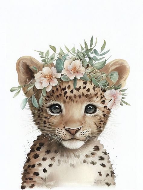 "Cheetah printable wall art nursery decor. Digital files for instant printing of   floral portrait of this adorable cheetah cub. A nice special gift idea for boys and girl who love nature, they will able to beautify their room or contribute to the decoration of the schoolroom or kindergarten. Available in four poster sizes this versatile design is a excellent choice for animal lover to decorate the house. Downloadable immediately at home or in the print shop, this file allows you to print your personalized poster wherever you want. Add this file to your interior decoration collection and enjoy the warmth and comfort that this sweet puppy portrait offers 18 x 24  inches 15 x 20  inches 12 x 16  inches   9 x 12  inches The purchase includes four files in jpg format. You receive the digital f Cheetah Cubs, Puppy Portraits, Jungle Wall Art, Baby Leopard, Décor Boho, Boho Dekor, Nursery Wall Decor, Tropical Flowers, Nursery Art