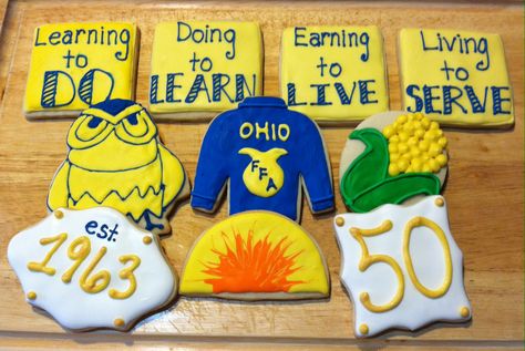 50 years of Ridgemont FFA Cookies Ffa Scrapbook Ideas, Cookie Baskets, Graduation Food, Cookie Contest, Cow Cookies, Cookie Box, Ffa, Cut Out Cookies, Food Themes