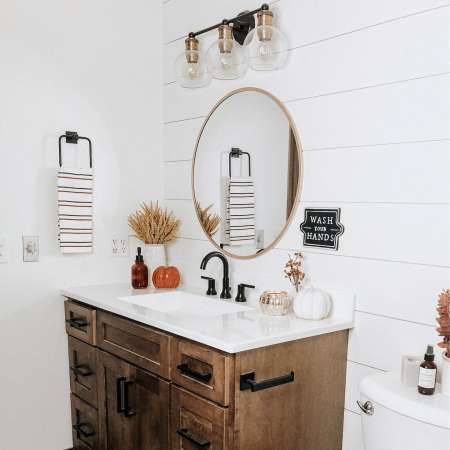 #TargetStyle : @thehopefulcreative : Target Finds Farmhouse Washroom, Farmhouse Decor Trends, Washroom Decor, Mexico House, Wooden Vanity, Upstairs Bathrooms, Bathroom Update, Main Bathroom, House Remodel