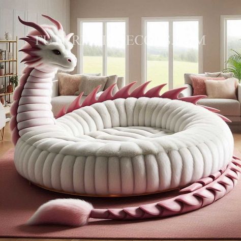 Dragon Lounger, Fur Dragon, Giant Dragon, Waterfall Island Kitchen, Castle Kitchens, Creative Beds, Mini Pond, Latest Interior Design, Fantasy Lovers